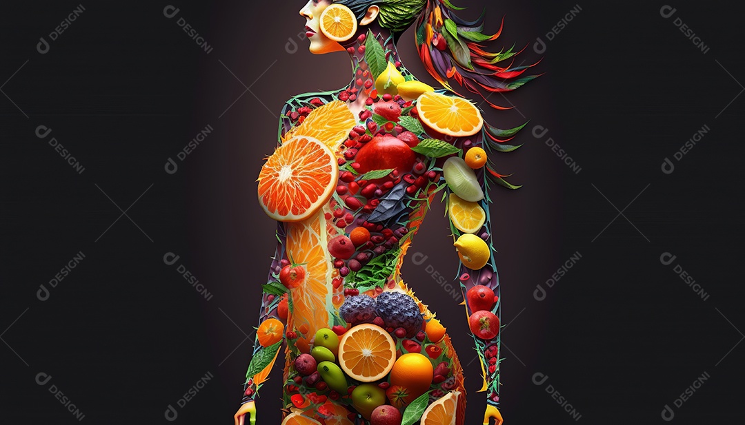 Ilustração corpo humano formado por frutas saudáveis