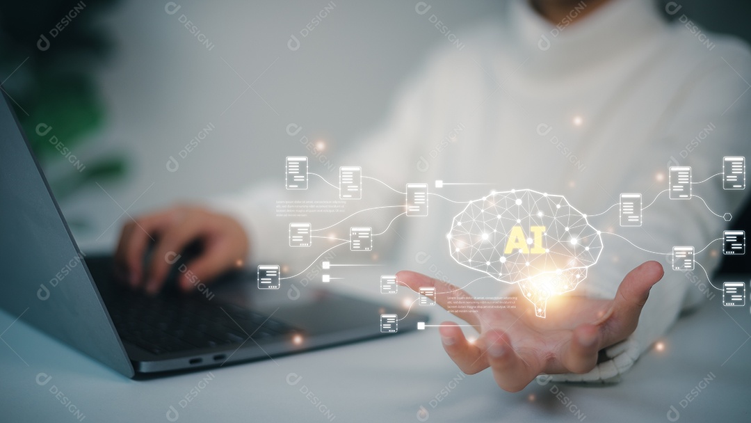 Cérebro tocante de mão de IA, simbólico, aprendizado de máquina, inteligência artificial de tecnologia futurista. Rede AI do cérebro na análise de negócios,