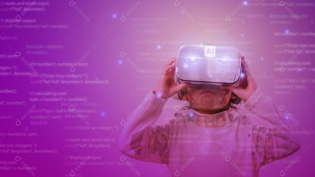 Menina usando óculos de realidade virtual VR, aprendendo hologramas digitais com inteligência artificial AI, linhas e código binário. Conceito de futuro e aprendizado de máquina