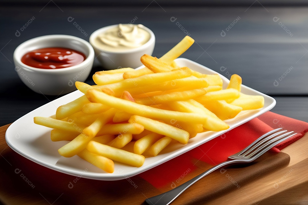Batatas fritas crocantes com ketchup e maionese