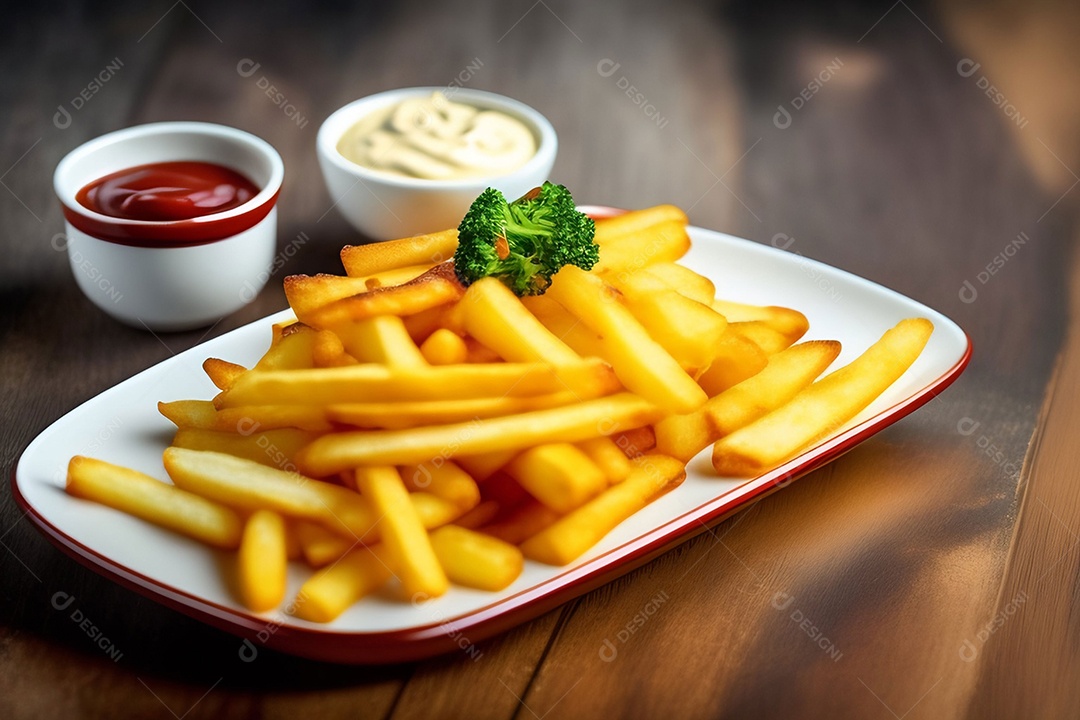 Batatas fritas crocantes com ketchup e maionese