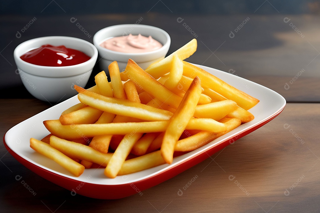 Batatas fritas crocantes com ketchup e maionese