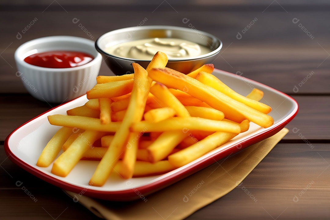 Batatas fritas crocantes com ketchup e maionese