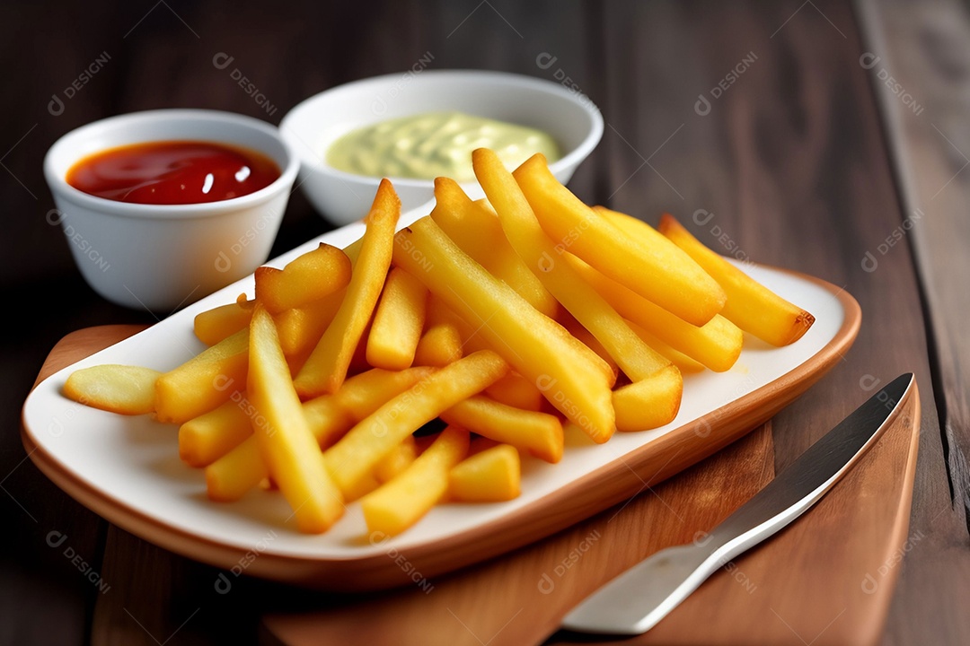 Batatas fritas crocantes com ketchup e maionese