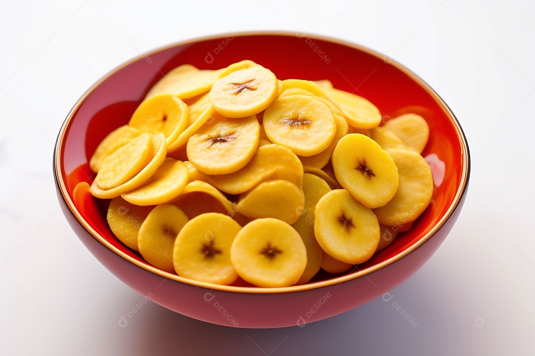 Tigela com bananas chips em fundo branco