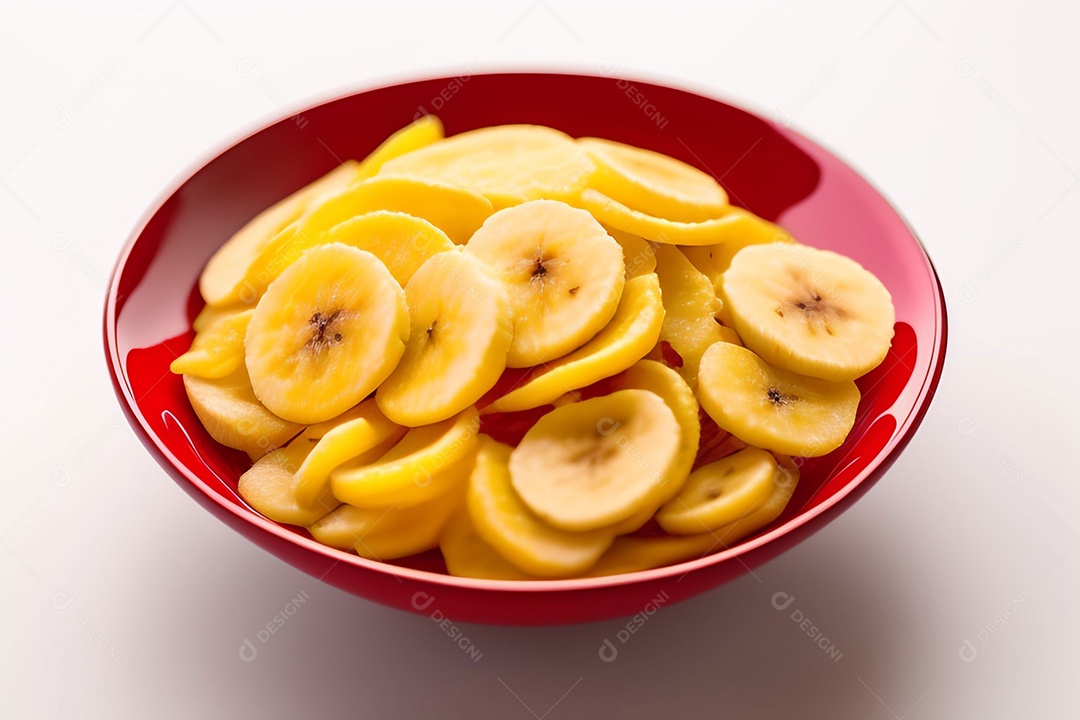 Tigela com bananas chips em fundo branco