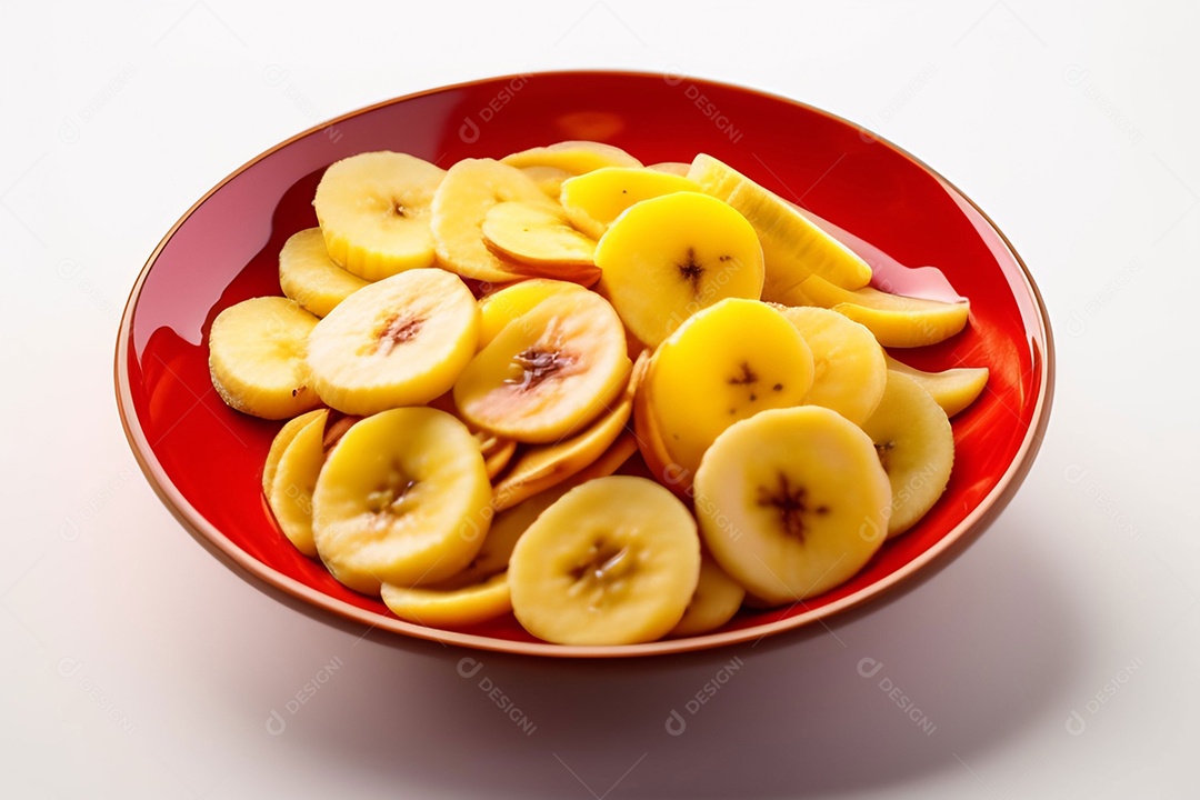 Tigela com bananas chips em fundo branco