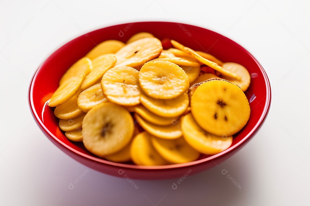 Tigela com bananas chips em fundo branco