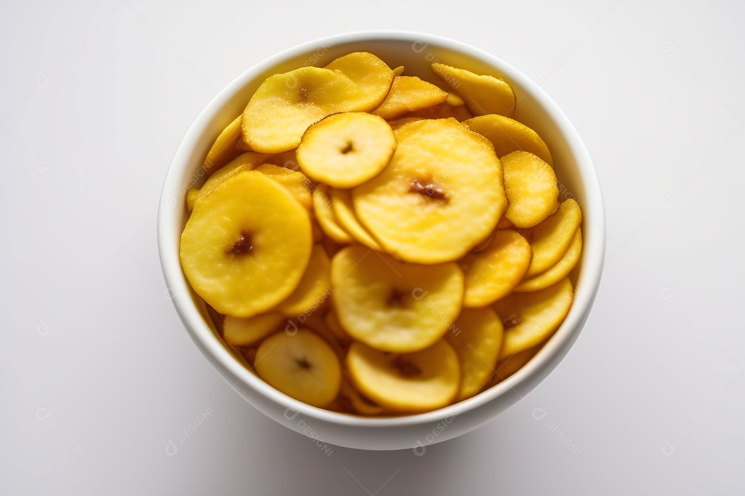 Tigela de bananas chips em fundo branco