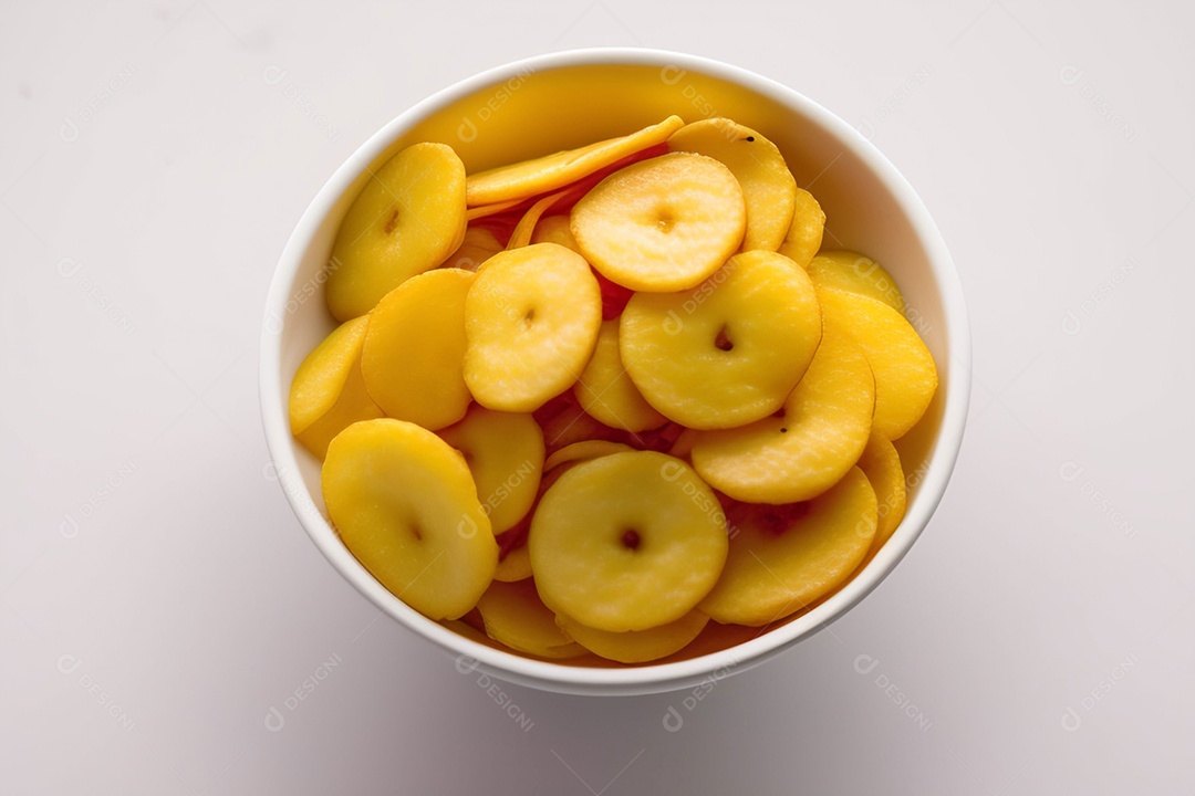 Tigela de bananas chips em fundo branco