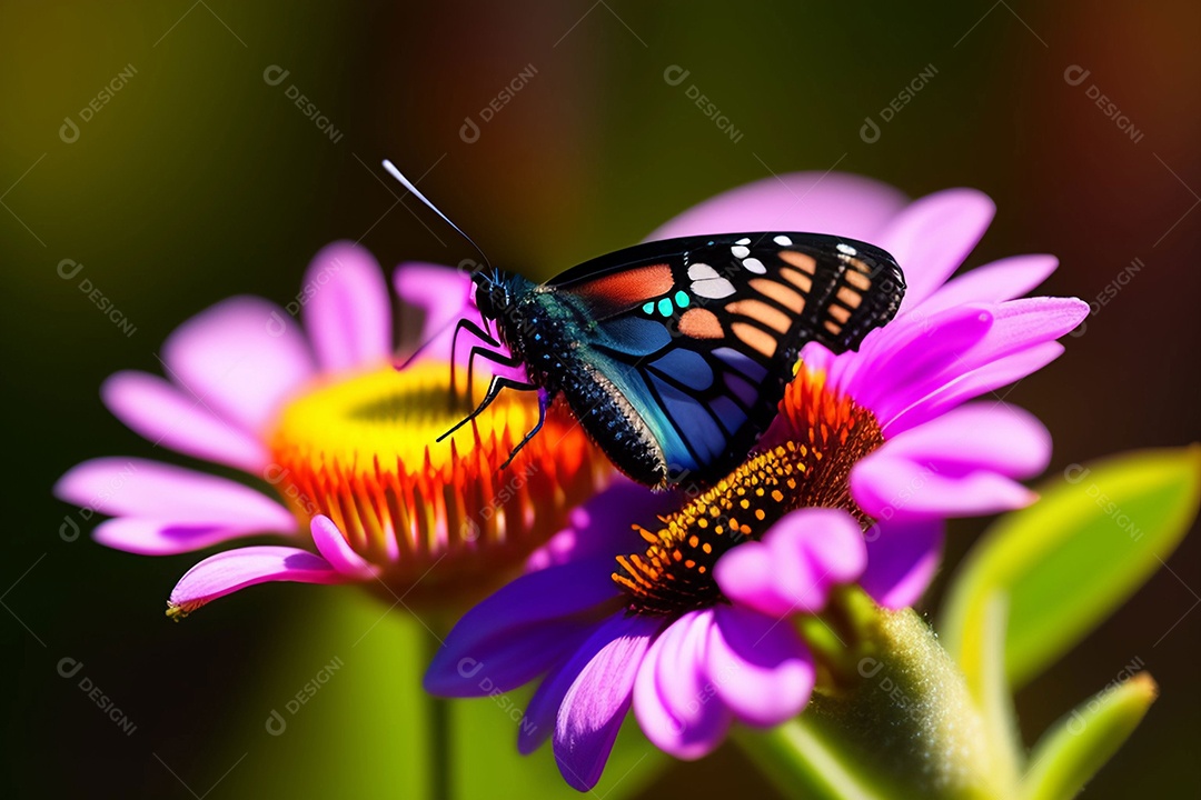 Linda borboleta colorida pousada em flor