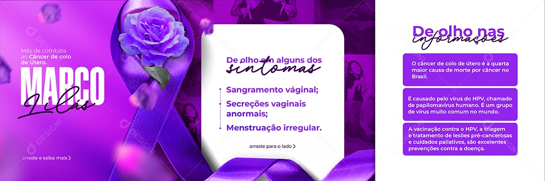 Mês De Combate ao Câncer de Colo de Útero Carrossel Março Lilás Social Media PSD Editável