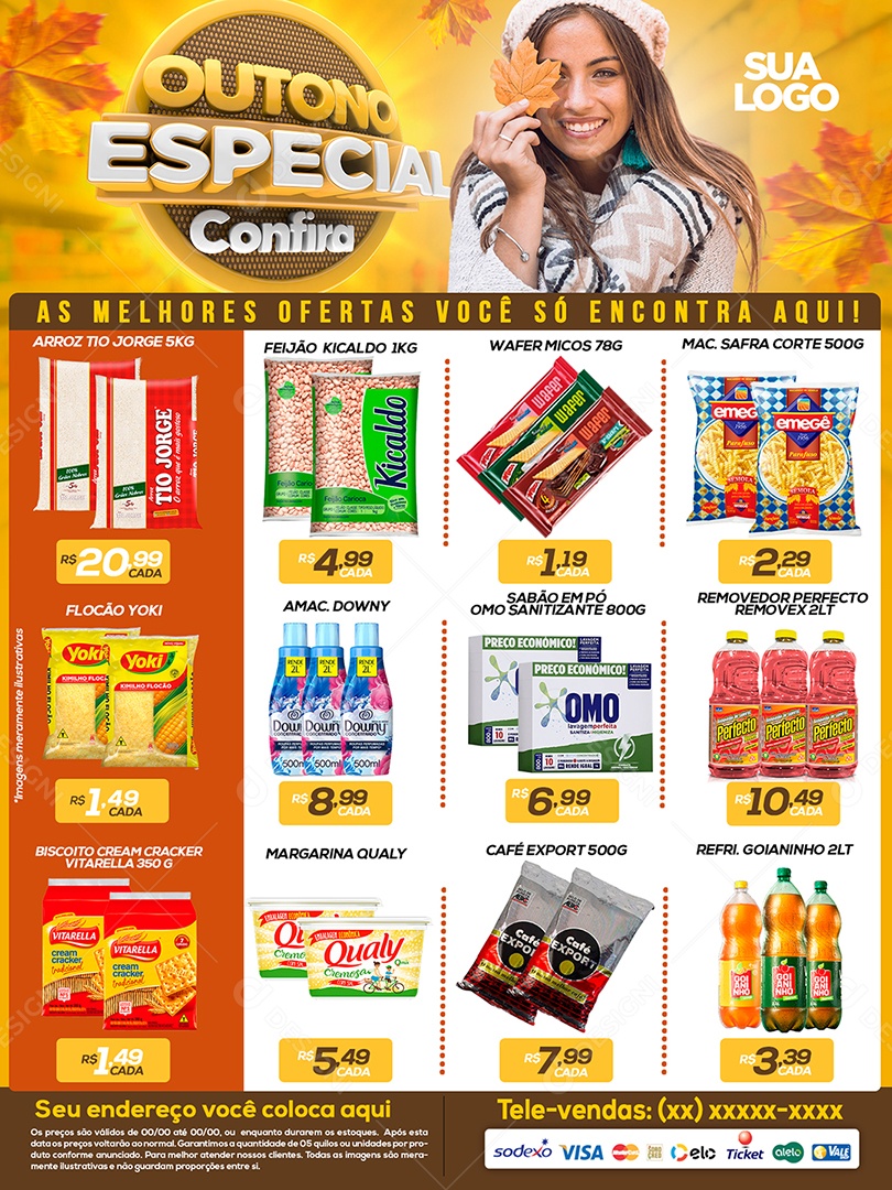 Encarte Outono Especial Confira Produtos Supermercado Social Media PSD Editável