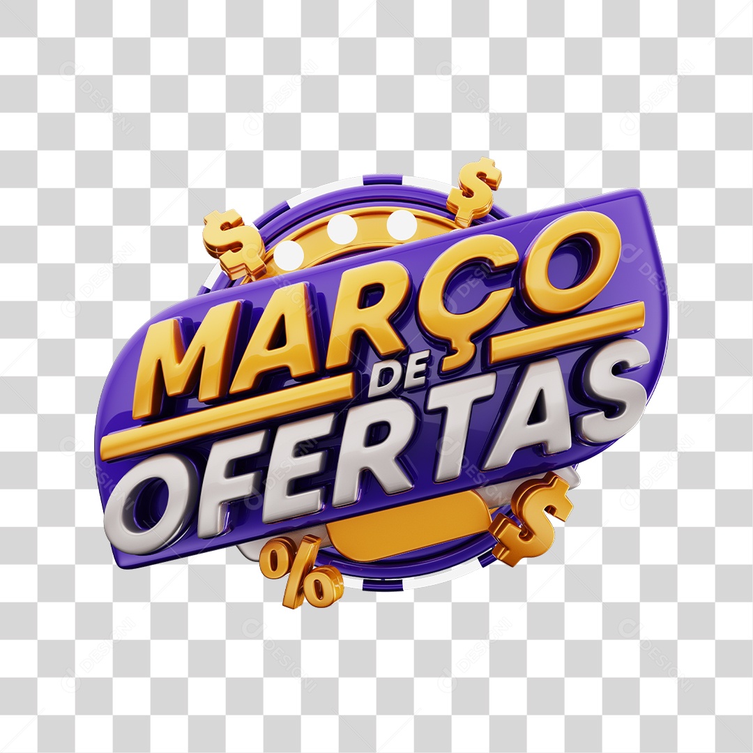 Março de Ofertas Selo 3D Roxo e Dourado Para Composição PNG Transparente
