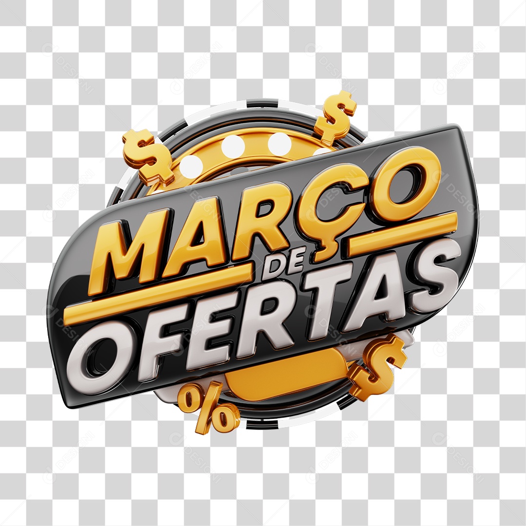 Março de Ofertas Selo 3D Preto e Dourado Para Composição PNG Transparente