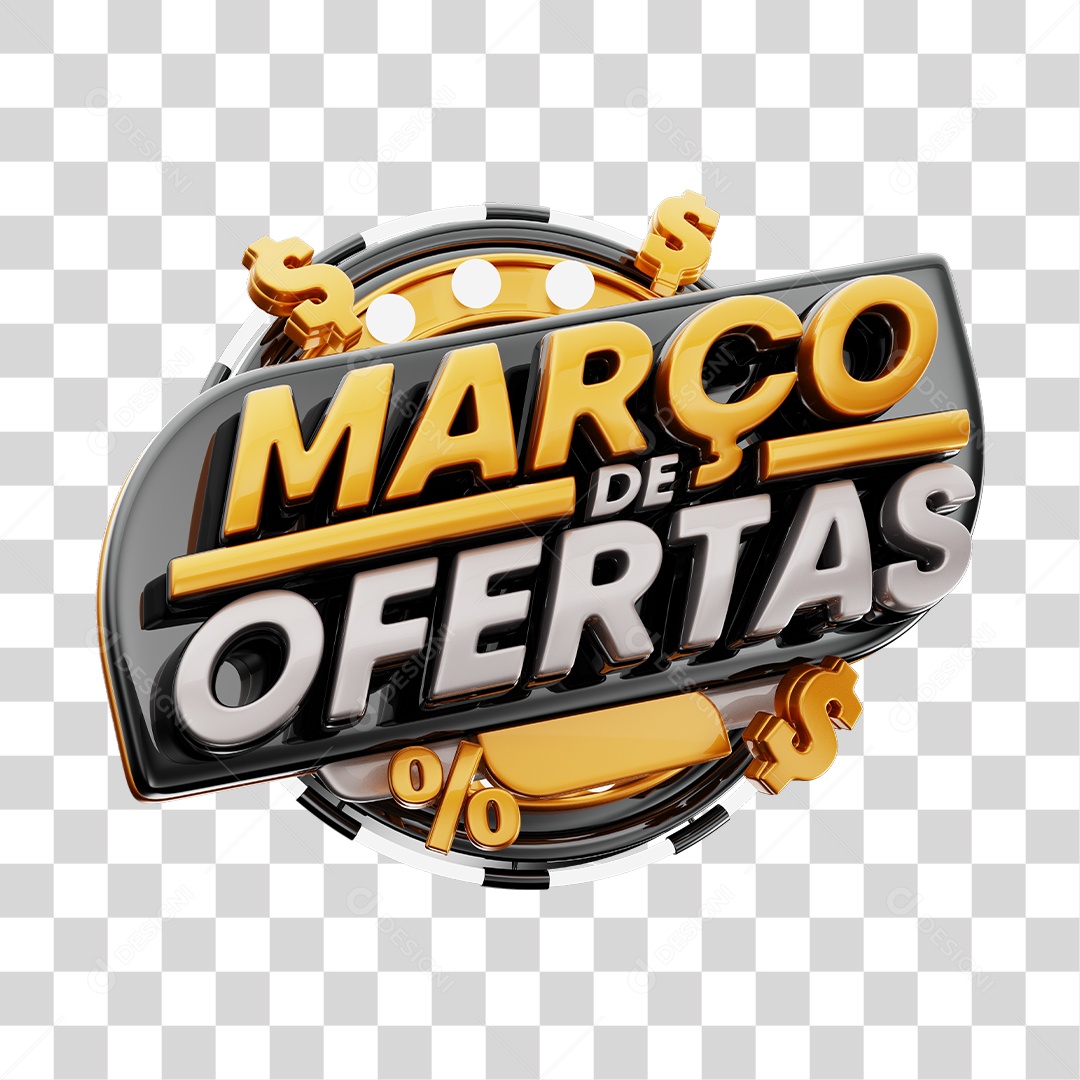 Março de Ofertas Selo 3D Preto e Dourado Para Composição PNG Transparente