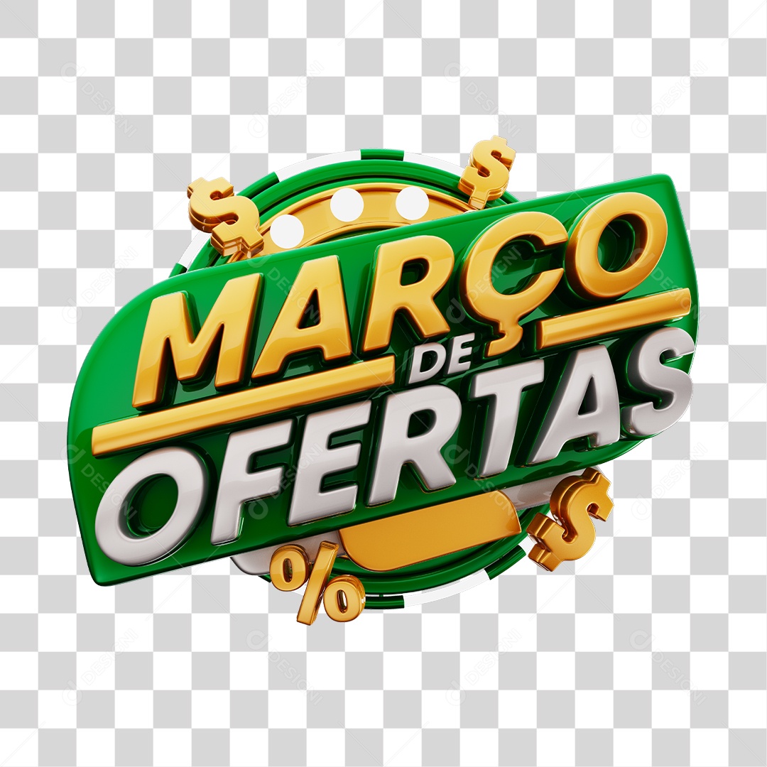 Março de Ofertas Selo 3D Verde e Dourado Para Composição PNG Transparente