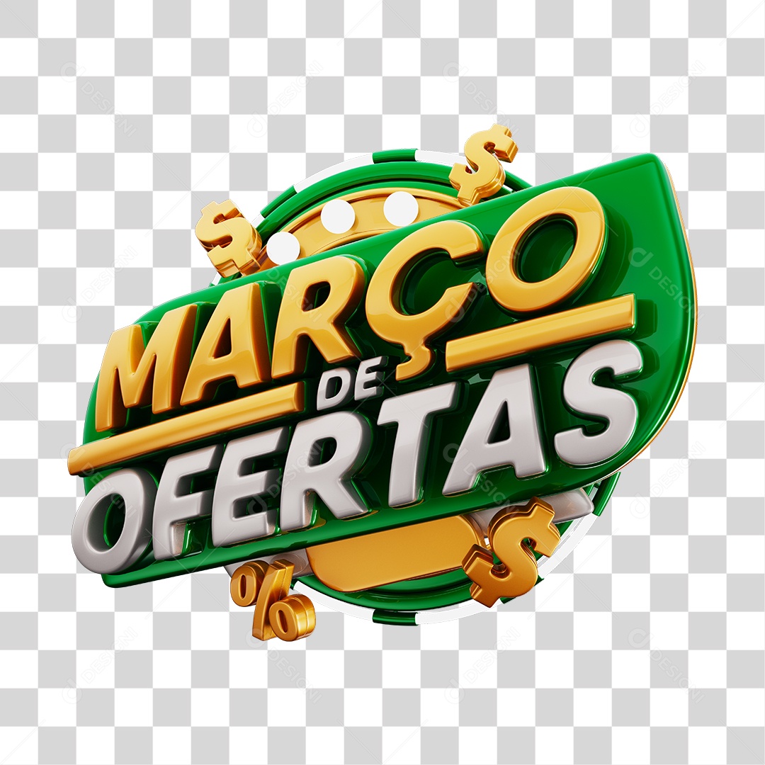 Março de Ofertas Selo 3D Verde e Dourado Para Composição PNG Transparente