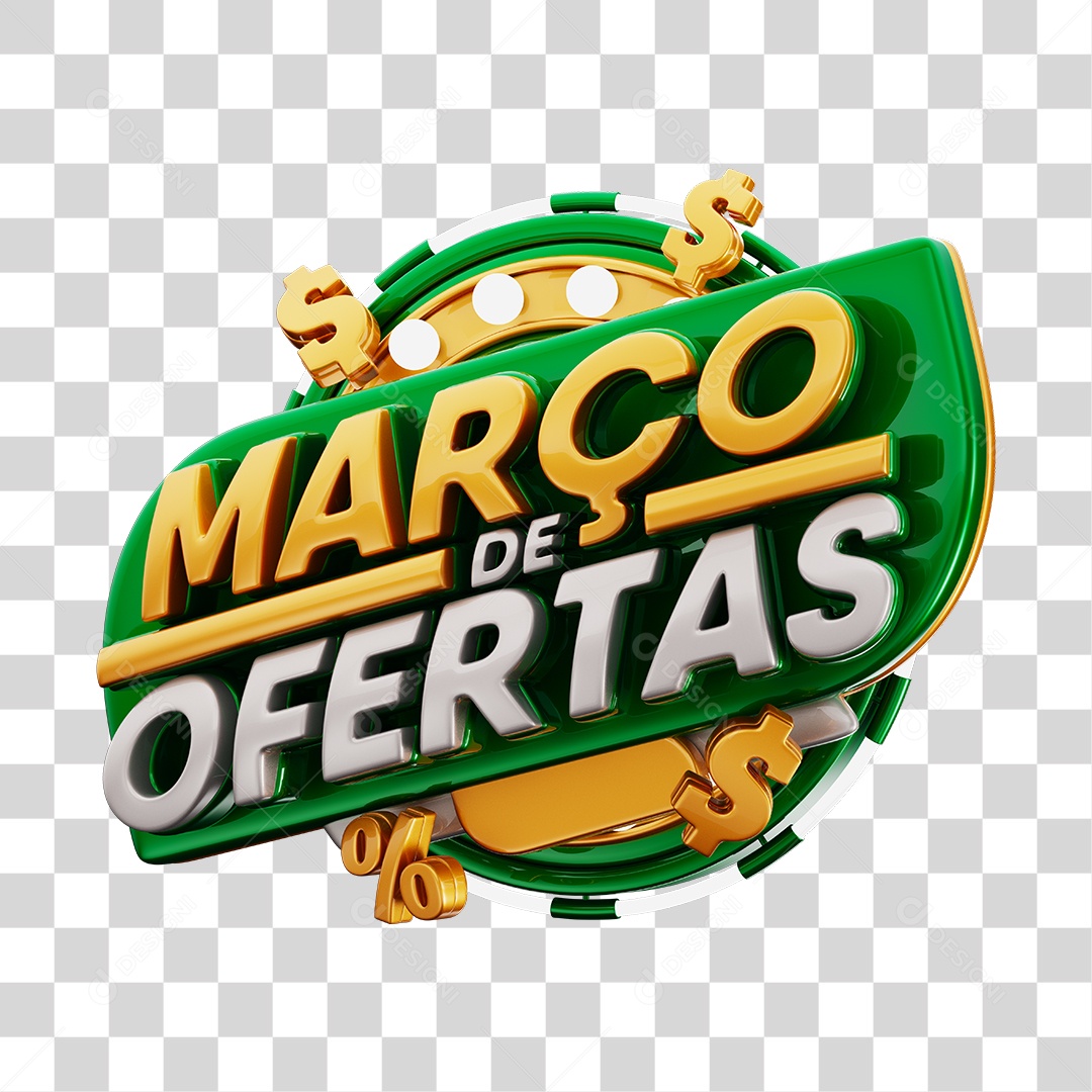 Março de Ofertas Selo 3D Verde e Dourado Para Composição PNG Transparente
