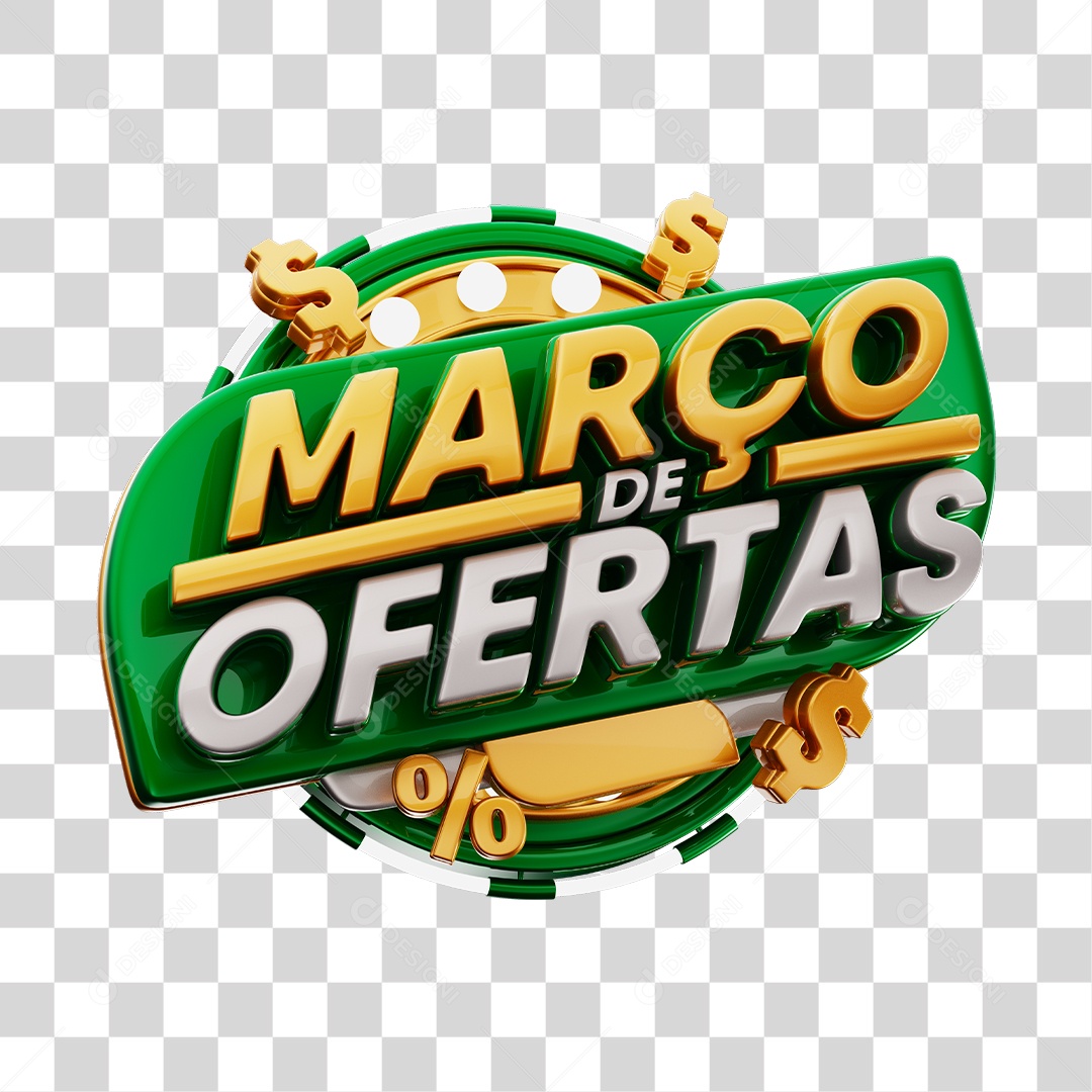 Março de Ofertas Selo 3D Verde e Dourado Para Composição PNG Transparente