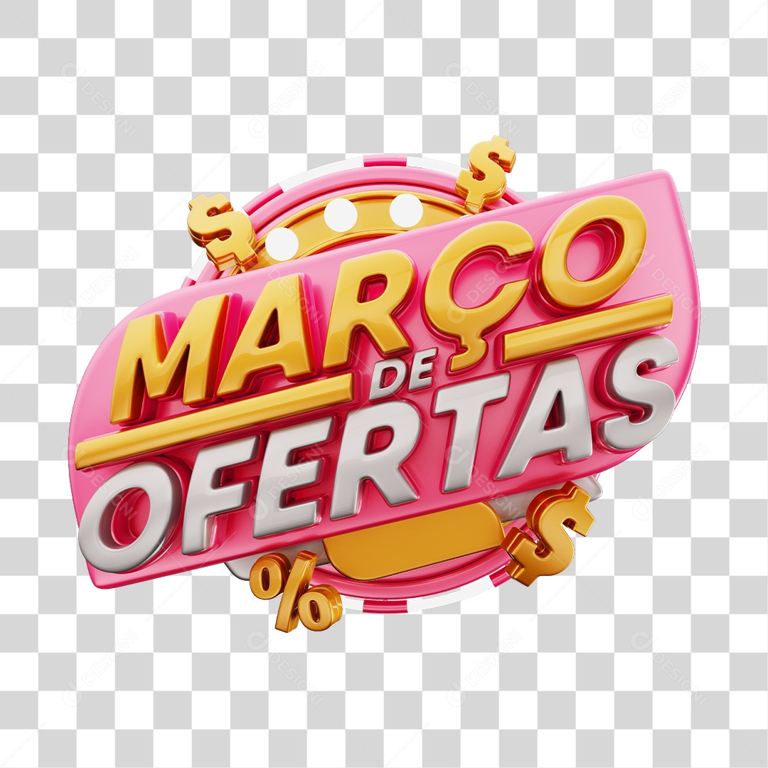 Março de Ofertas Selo 3D Dourado E Rosa Para Composição PNG Transparente