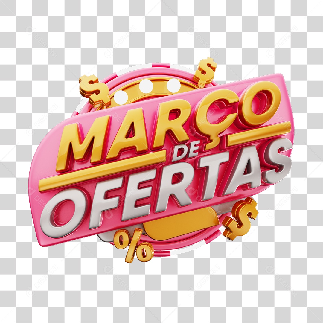 Março de Ofertas Selo 3D Dourado E Rosa Para Composição PNG Transparente
