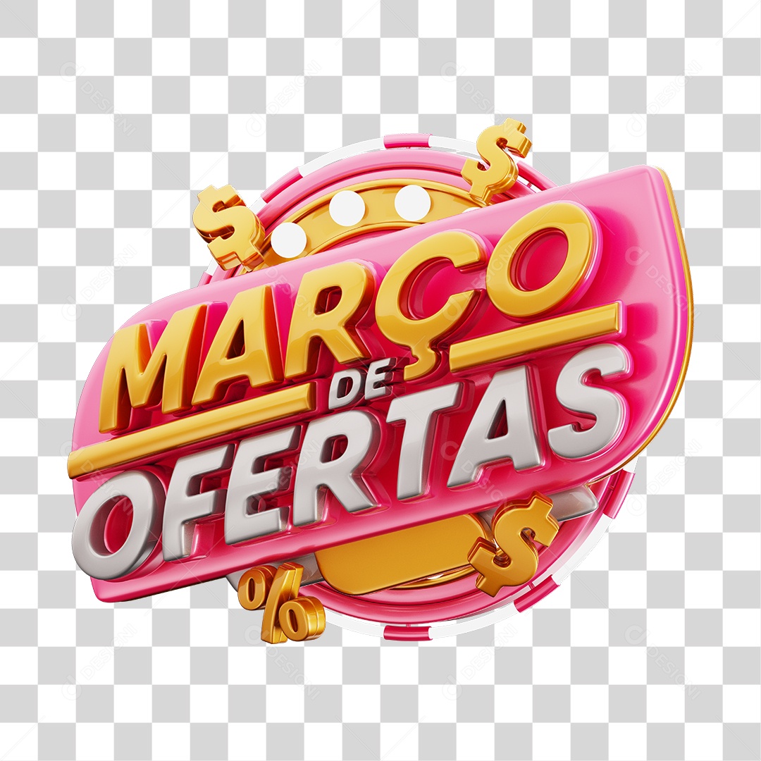 Março de Ofertas Selo 3D Dourado E Rosa Para Composição PNG Transparente