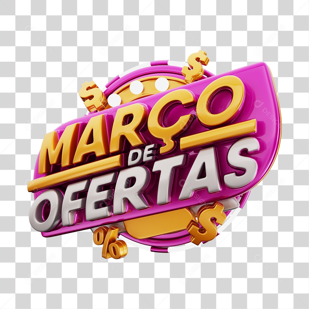 Março de Ofertas Selo 3D Dourado E Rosa Para Composição PNG Transparente