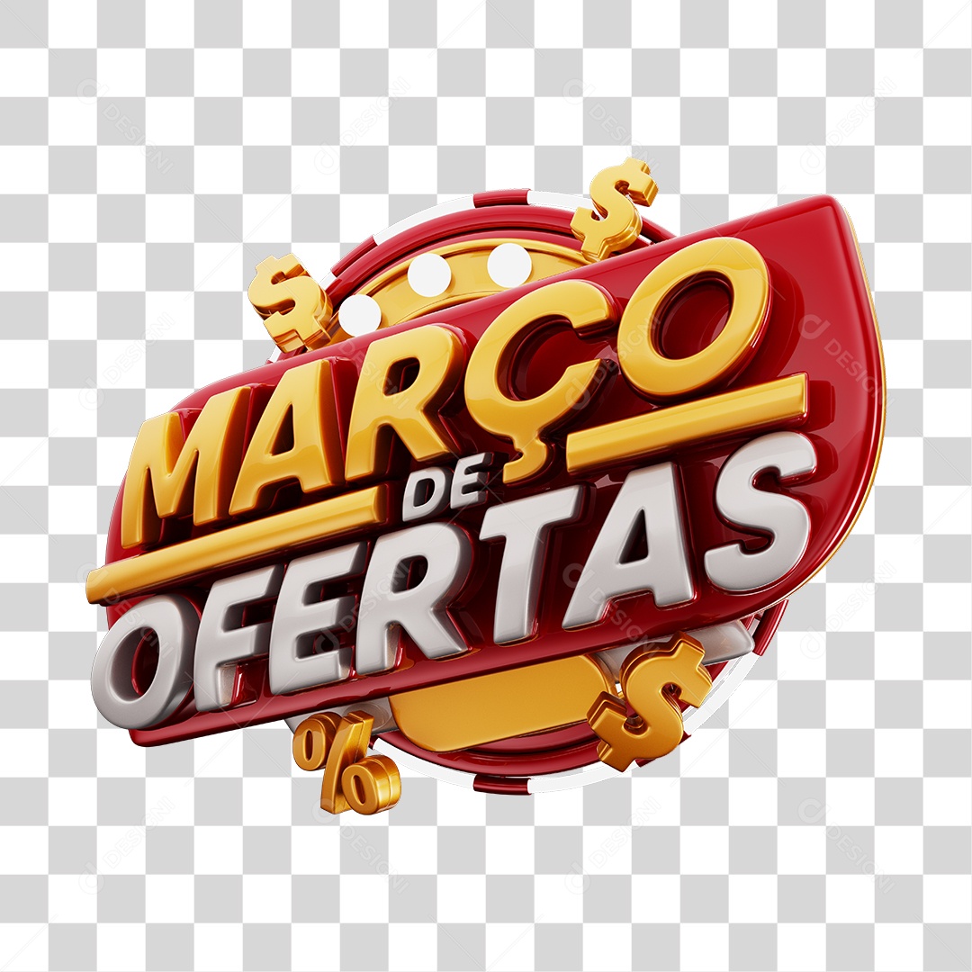 Março de Ofertas Selo 3D Dourado E Vermelho Para Composição PNG Transparente