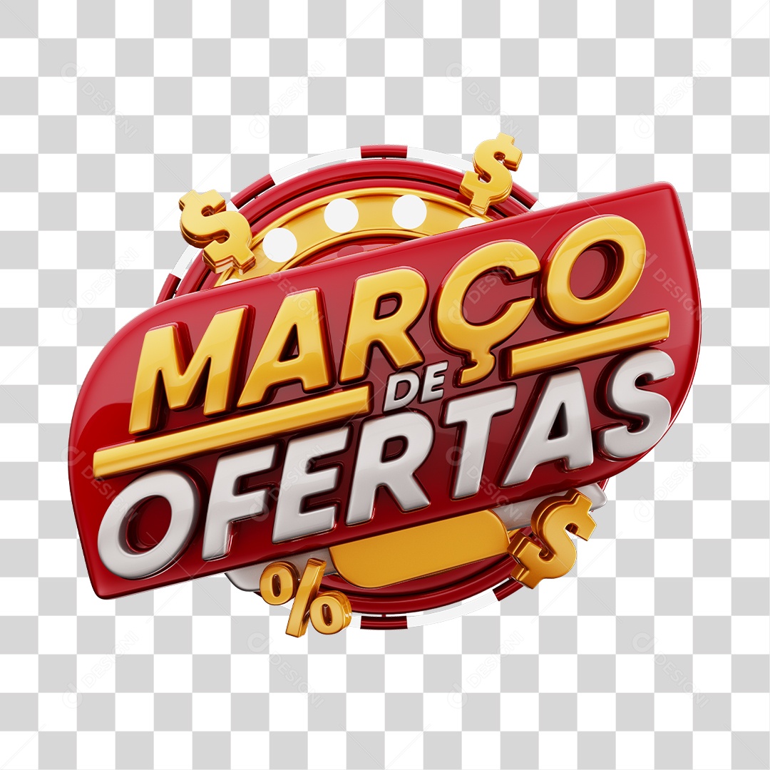 Março de Ofertas Selo 3D Dourado E Vermelho Para Composição PNG Transparente