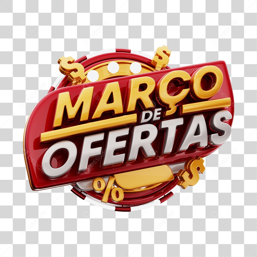Março de Ofertas Selo 3D Dourado E Vermelho Para Composição PNG Transparente