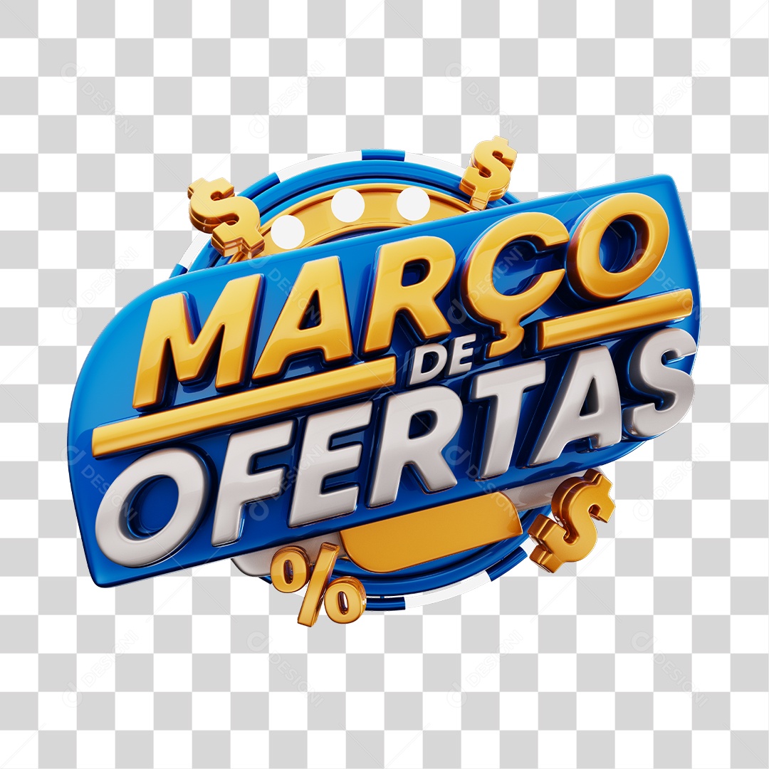 Março de Ofertas Selo 3D Dourado E Azul Para Composição PNG Transparente