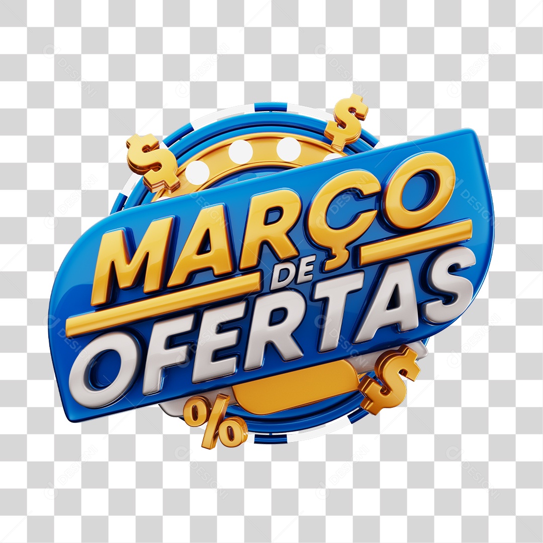 Março de Ofertas Selo 3D Dourado E Azul Para Composição PNG Transparente
