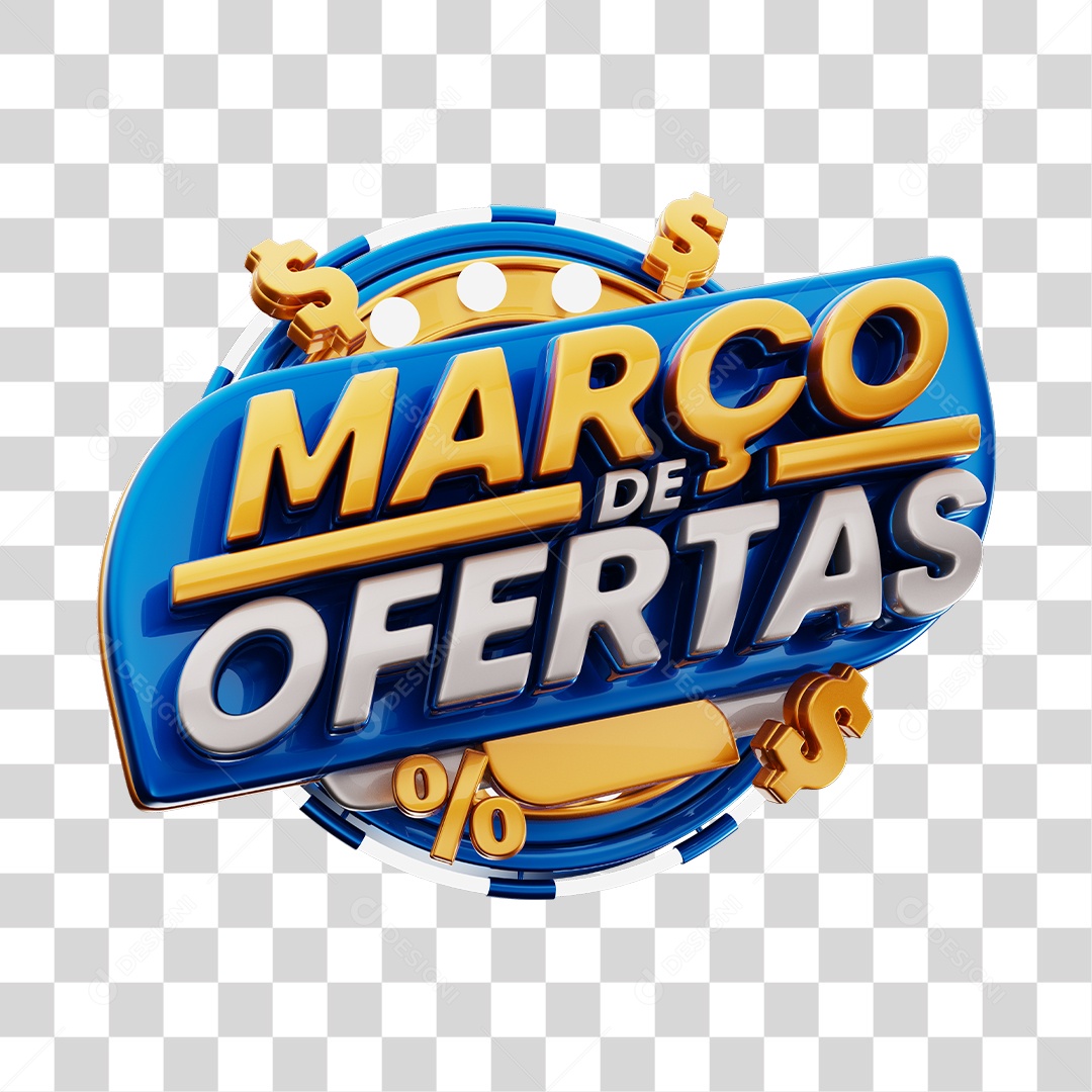 Março de Ofertas Selo 3D Dourado E Azul Para Composição PNG Transparente