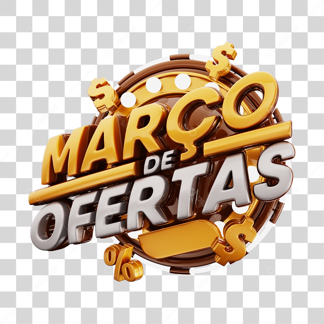 Março de Ofertas Selo 3D Marrom E Dourado Para Composição PNG Transparente