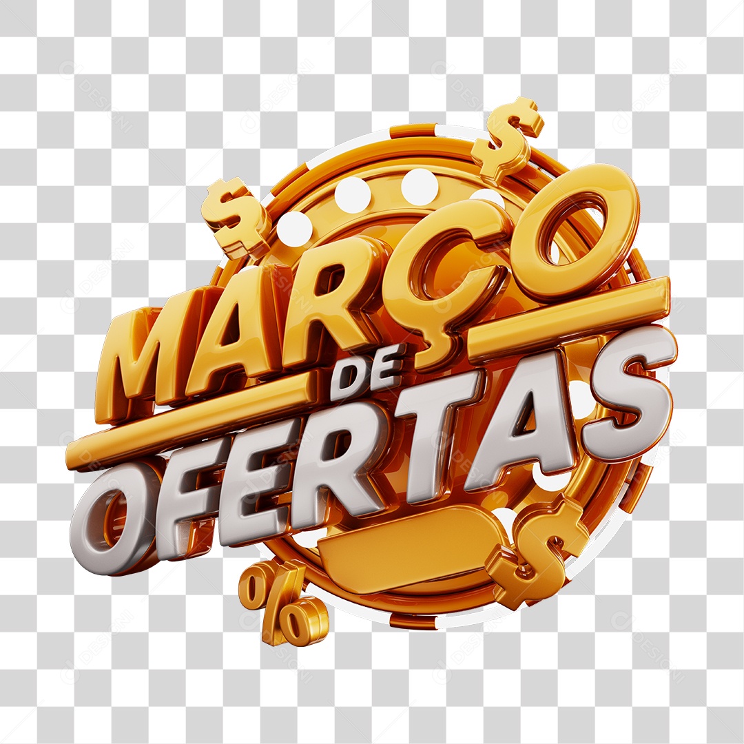 Março de Ofertas Selo 3D Dourado Para Composição PNG Transparente