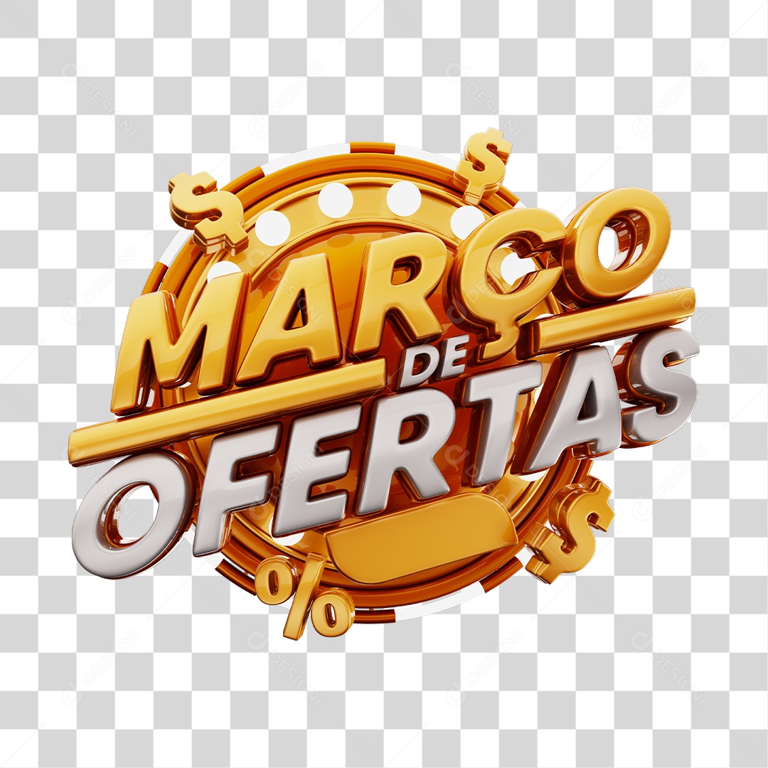Março de Ofertas Selo 3D Dourado Para Composição PNG Transparente