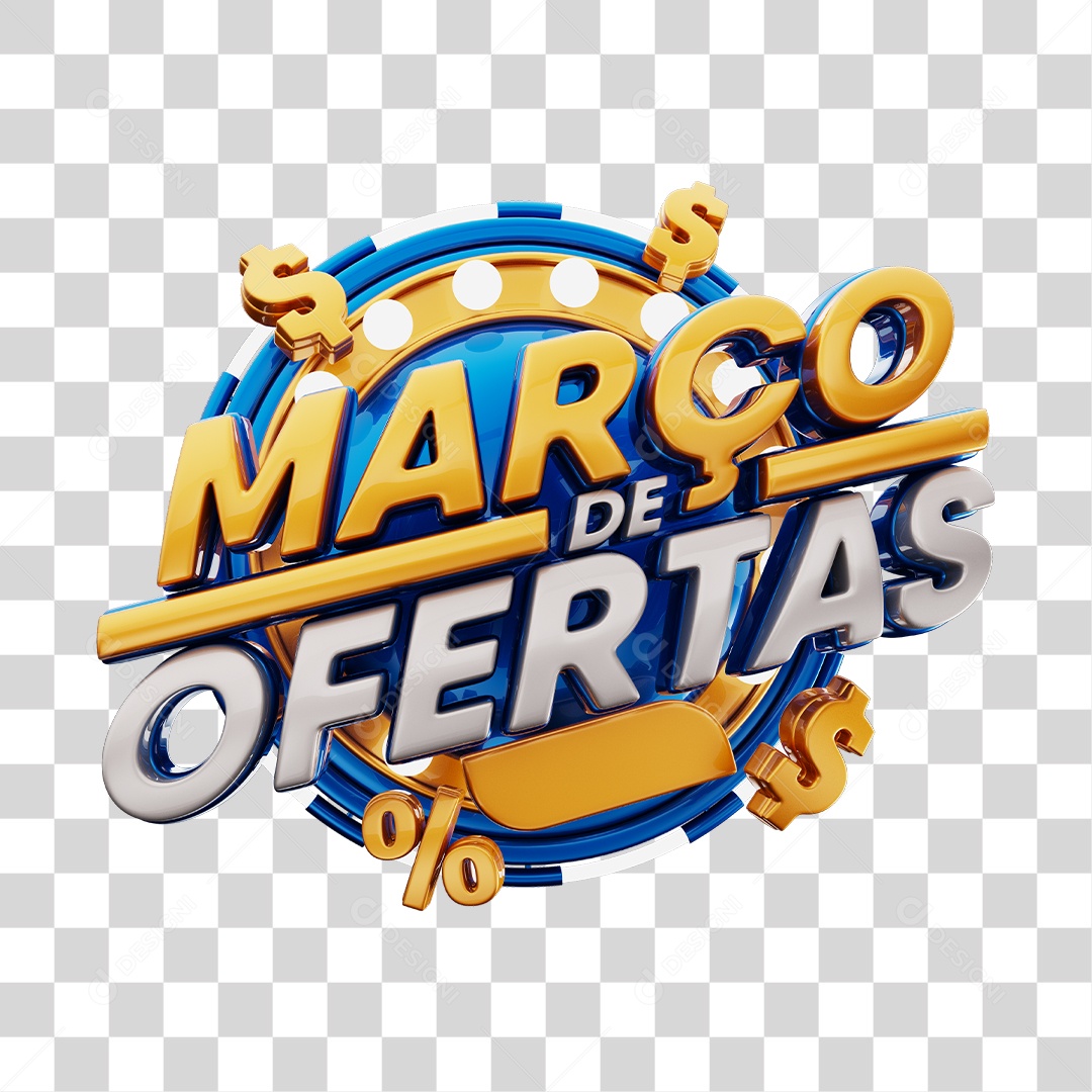 Março de Ofertas Selo 3D Azul E Dourado Para Composição PNG Transparente