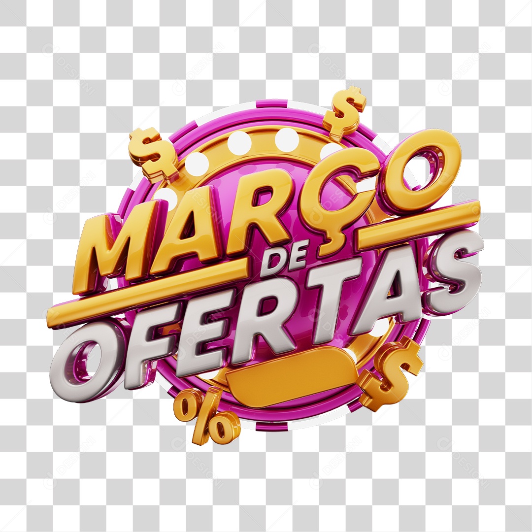 Março de Ofertas Selo 3D Rosa E Dourado Para Composição PNG Transparente