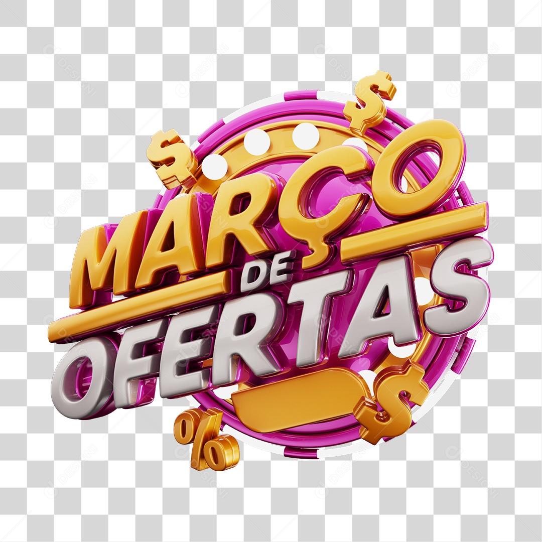 Março de Ofertas Selo 3D Rosa E Dourado Para Composição PNG Transparente