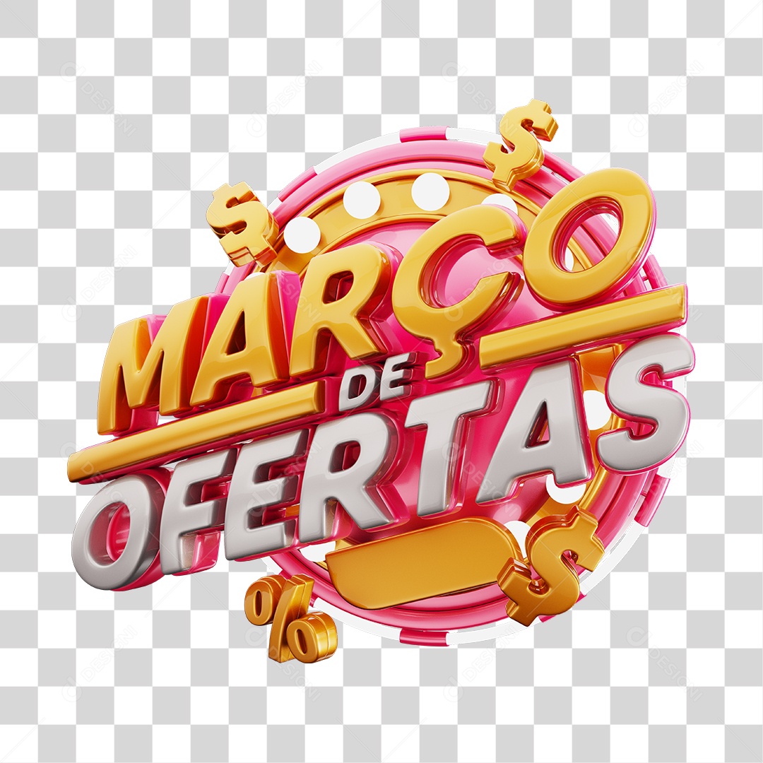 Março de Ofertas Selo 3D Rosa E Dourado Para Composição PNG Transparente