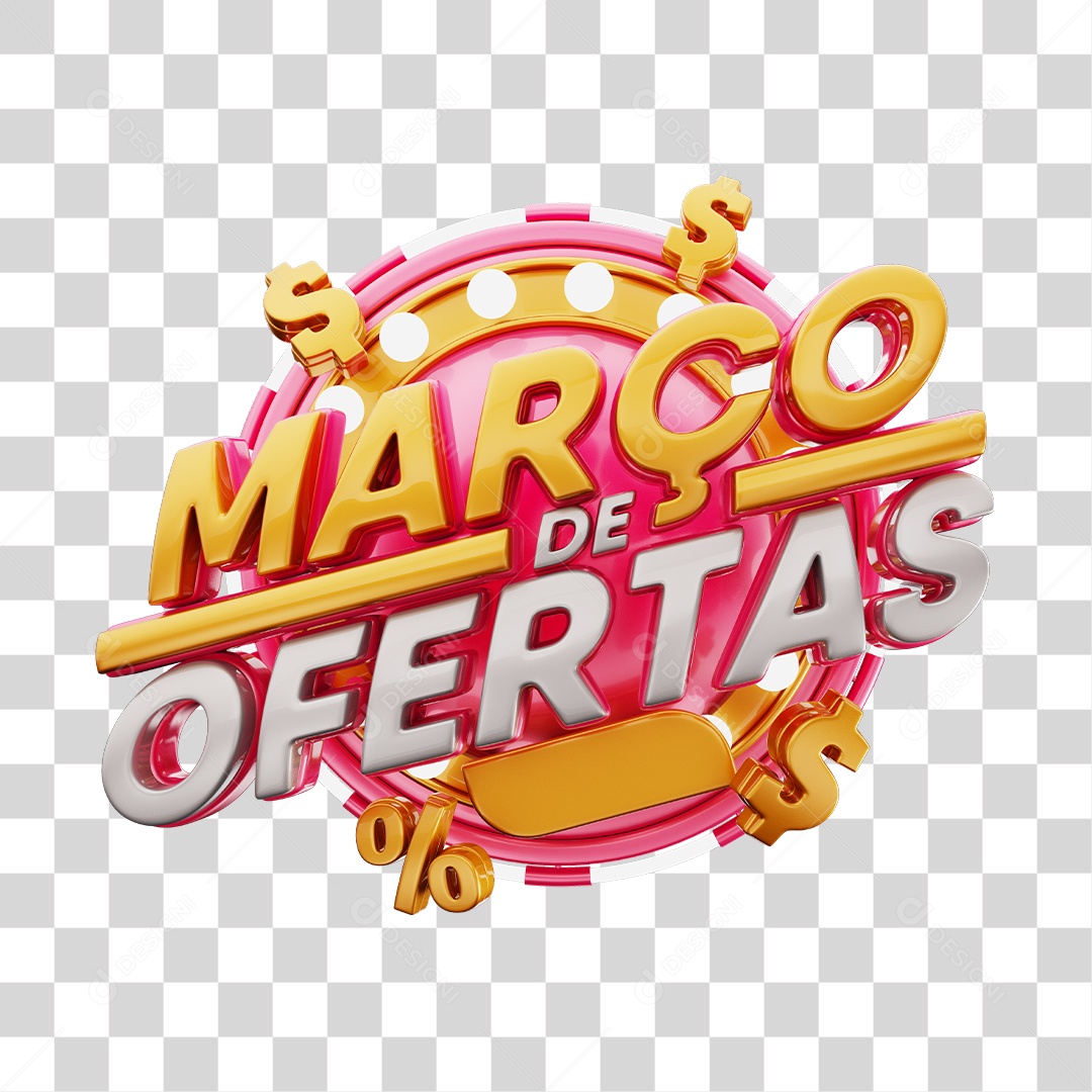Março de Ofertas Selo 3D Rosa E Dourado Para Composição PNG Transparente