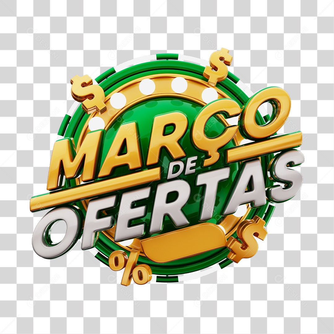 Março de Ofertas Selo 3D Verde e Dourado Para Composição PNG Transparente