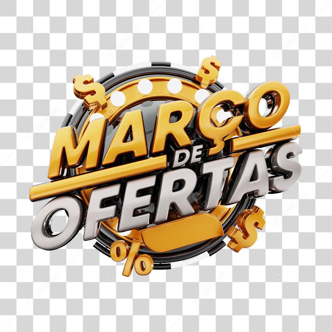 Março de Ofertas Selo 3D Preto e Dourado Para Composição PNG Transparente