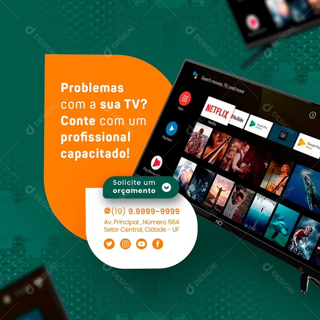 Problemas Com a Sua TV Conte Com Um Profissional Capacitado Manutenção Preventiva Social Media PSD Editável