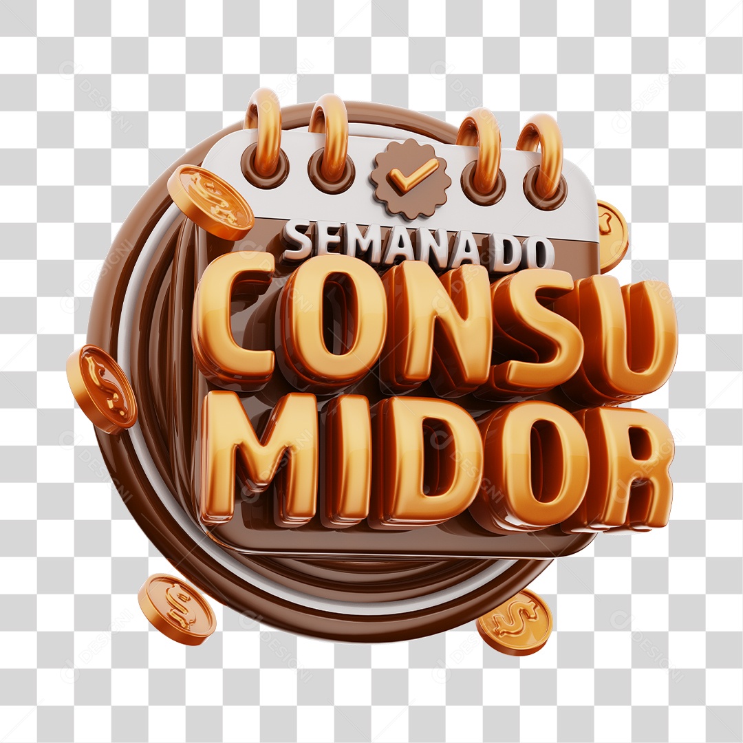 Semana Do Consumidor Selo 3D Marrom e Dourado Para Composição PNG Transparente
