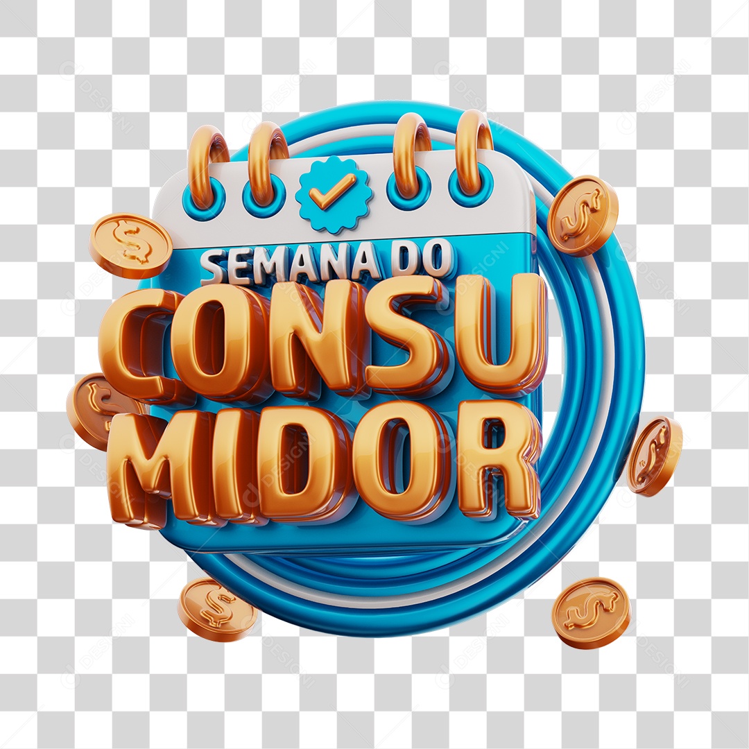 Semana Do Consumidor Selo 3D Azul e Dourado Para Composição PNG Transparente