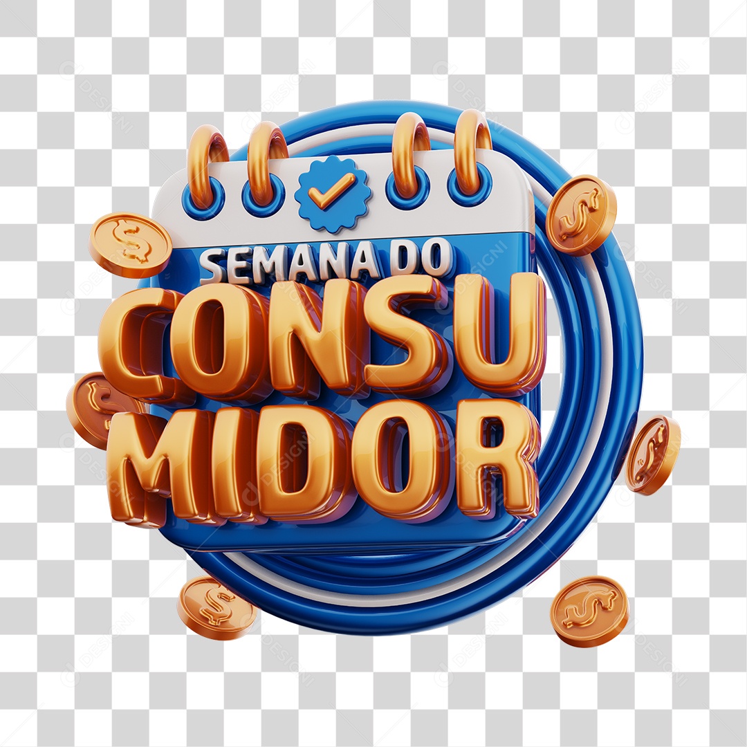 Semana Do Consumidor Selo 3D Azul e Dourado Para Composição PNG Transparente