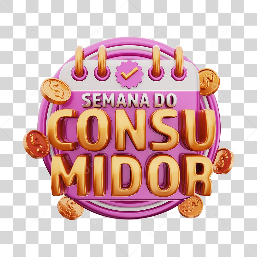 Semana Do Consumidor Selo 3D Rosa e Dourado Para Composição PNG Transparente