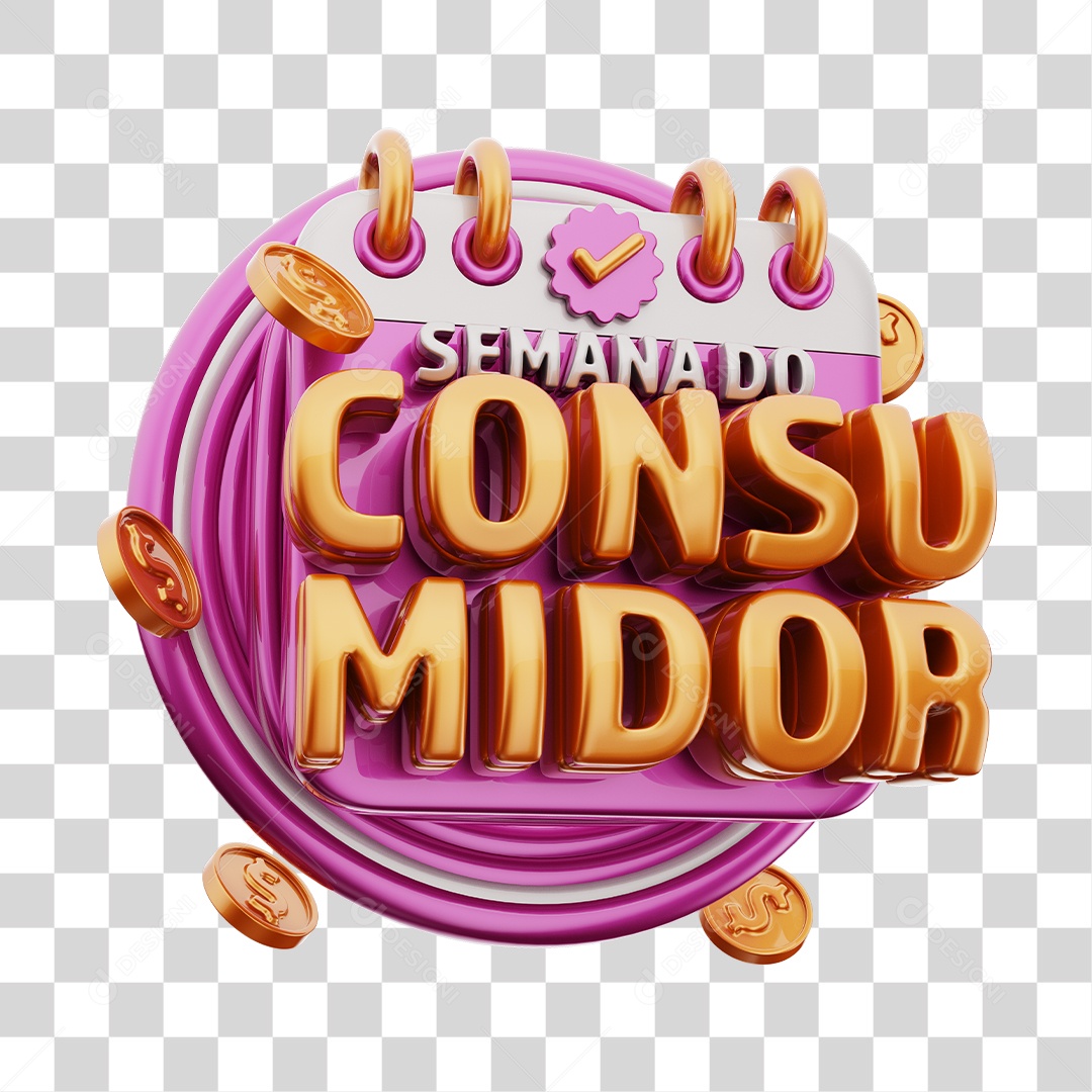 Semana Do Consumidor Selo 3D Rosa e Dourado Para Composição PNG Transparente